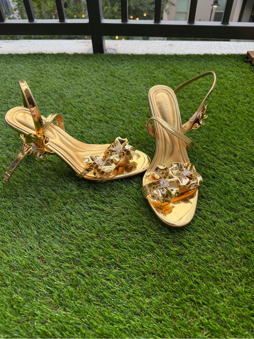 Gold Metallic Floral-Accent Heels